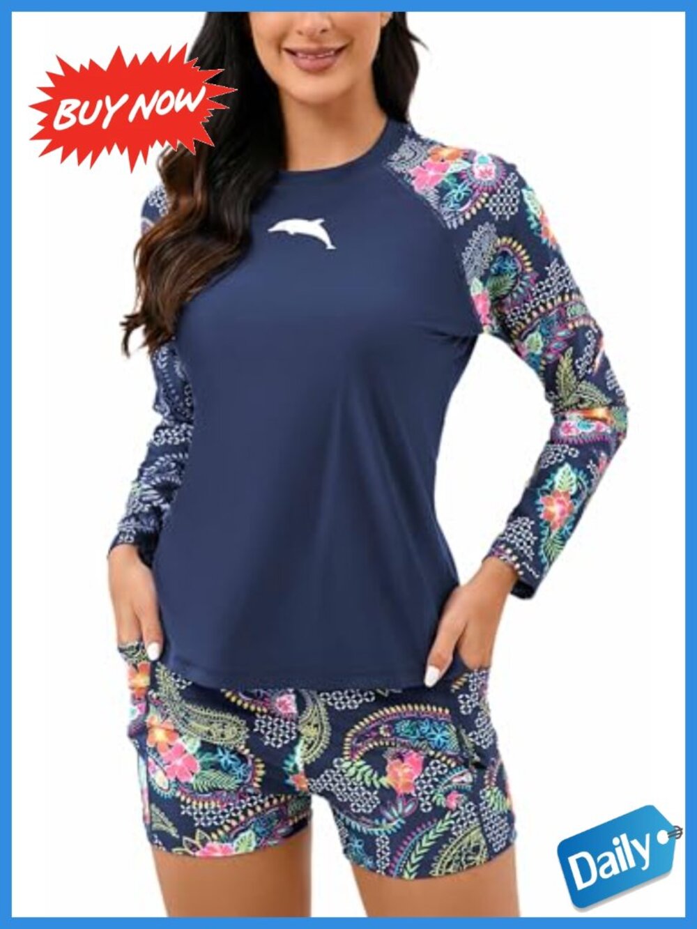 Halcurt Women's Rash Guard Long Sleeve 2PC Boyshorts Swimwear